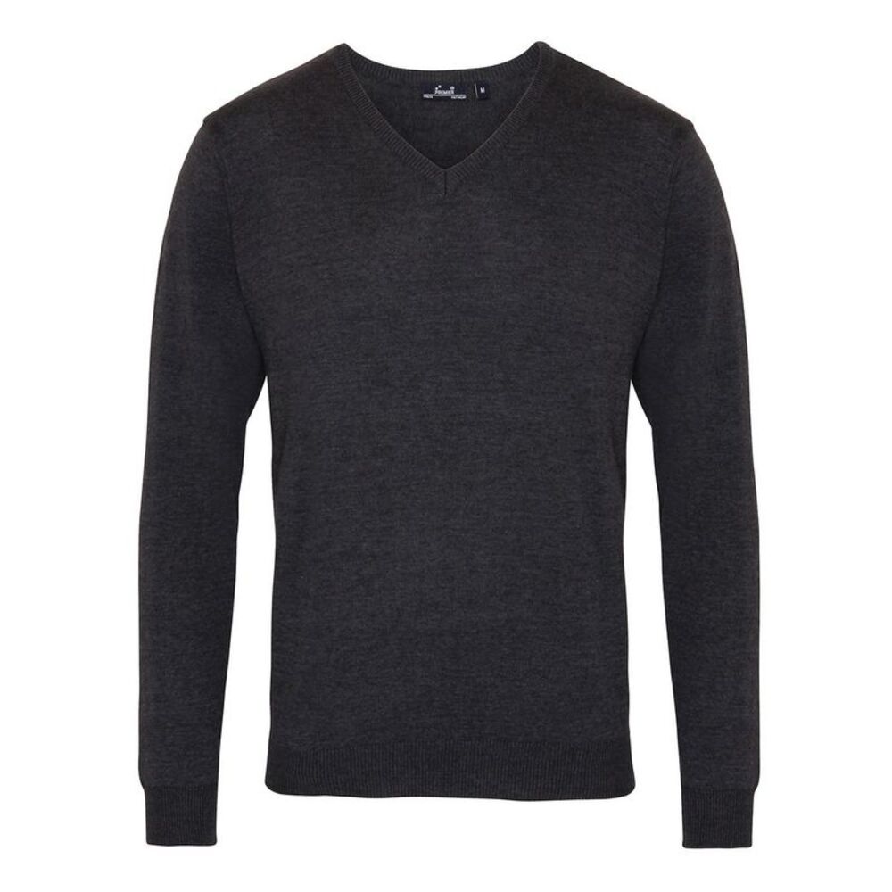 Premier Mens Knitted Cotton Acrylic V Neck Sweatshirt / Charcoal